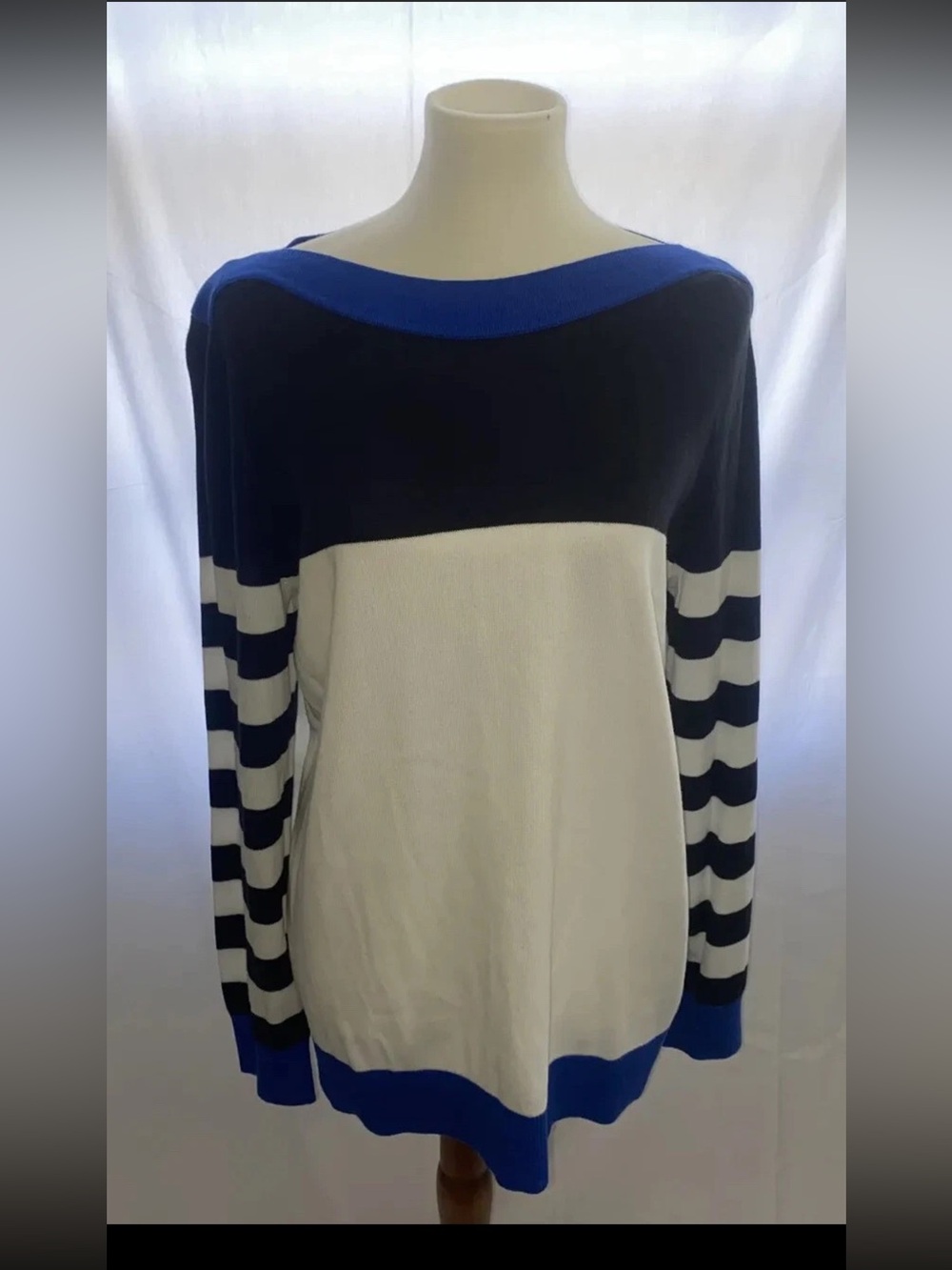 Michael Kors Navy, White & Royal Blue Off-Shoulder Stripe Sweater